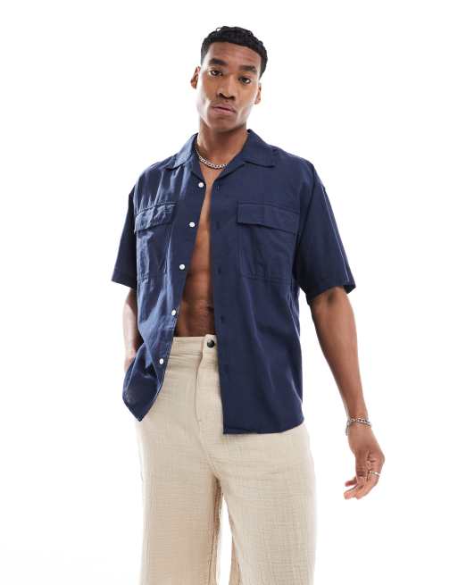 Jack & Jones – Oversize-Leinenhemd in Marineblau mit Utility-Tasche