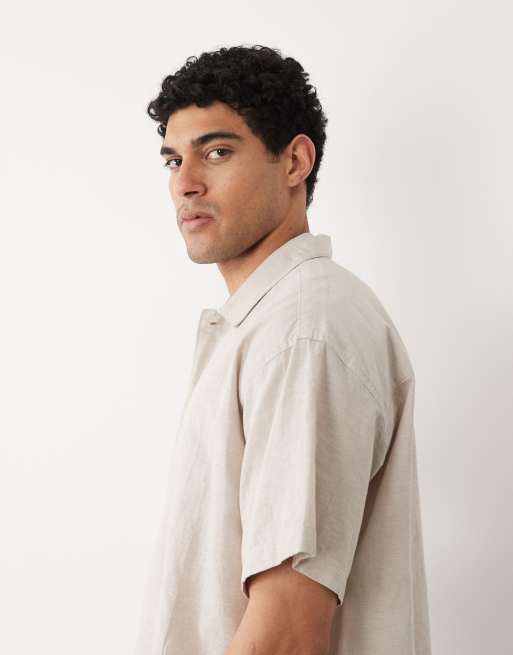 Jack & Jones oversize linen blend shirt with short sleeves in beige, 3 of 5