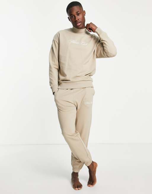 Jack Jones oversize lounge sweat and trackies set with script logo in beige