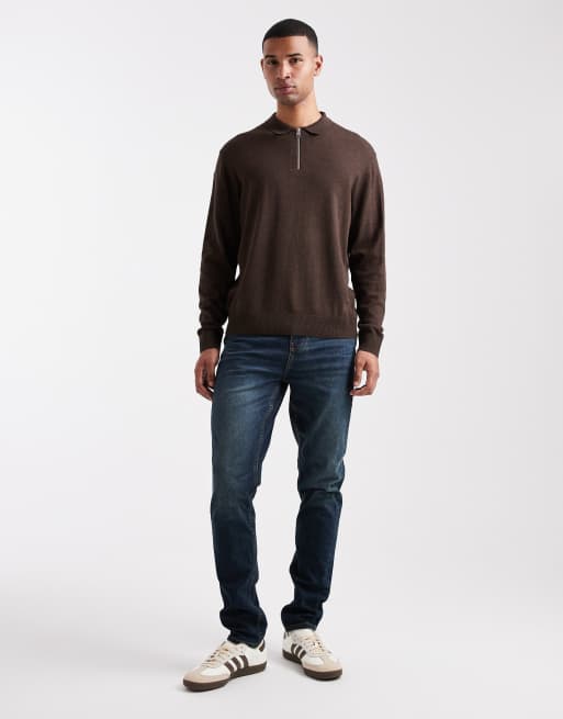 Jack & Jones – Oversize-Polohemd aus Strickstoff in Braun mit kurzem Reißverschluss, 2 von 5