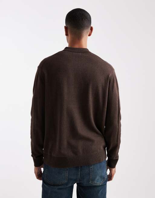 Jack & Jones – Oversize-Polohemd aus Strickstoff in Braun mit kurzem Reißverschluss, 3 von 5