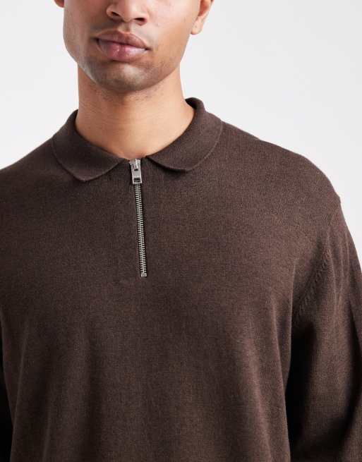 Jack & Jones – Oversize-Polohemd aus Strickstoff in Braun mit kurzem Reißverschluss, 5 von 5