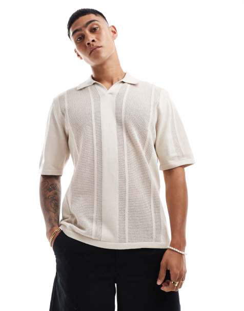 Jack & Jones – Oversize-Poloshirt in Beige aus strukturiertem Strick mit Reverskragen - view 1