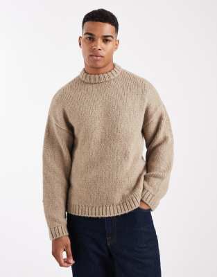 Oversize-Pullover aus flauschigem Garn in Beige mit Rundhalsausschnitt-Neutral Neutral L