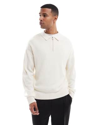 Jack & Jones Oversize Quarter Zip Knit Polo Shirt In White