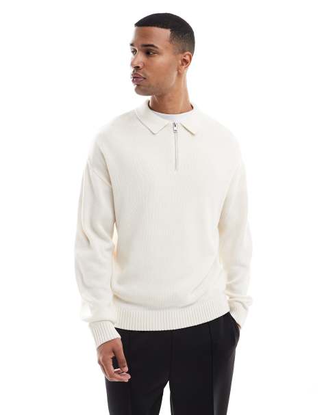 Jack & Jones oversize quarter zip knitted polo in cream - view 1