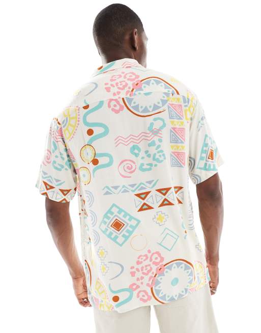 Jack & Jones oversize shirt with multi print in beige, 3 of 4