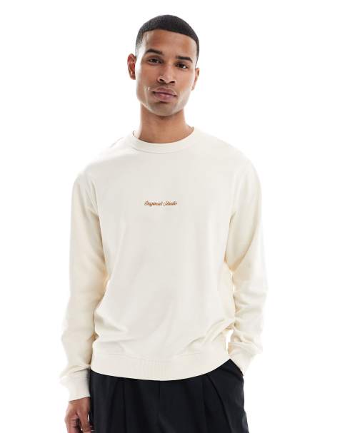 Jack & Jones oversize sweat shirt with embroidered logo in cream - view 1