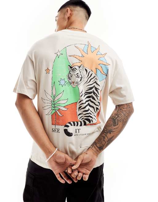 Jack & Jones – Oversize-T-Shirt in Creme mit buntem Tiger-Aufdruck auf der Rückseite