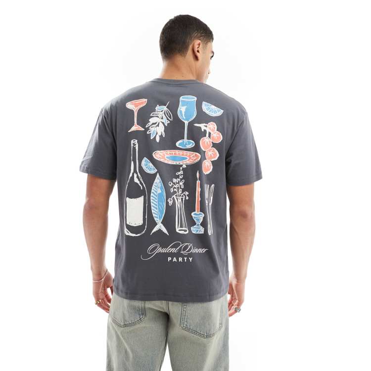 Jack Jones – Oversize-T-Shirt in Dunkelgrau mit „Dinner Party