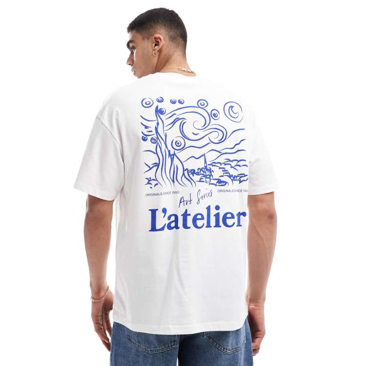 Jack & Jones – Oversize-T-Shirt in Weiß mit blauem „L'atelier