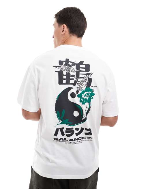 Jack & Jones – Oversize-T-Shirt in Weiß mit japanischem Vogel-Print auf dem Rücken