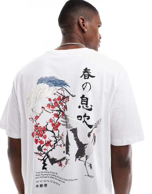 Jack & Jones – Oversize-T-Shirt in Weiß mit Kirschblüten-Kranich-Print auf dem Rücken 