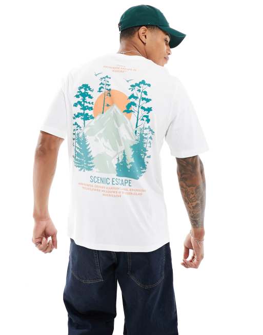 Jack & Jones – Oversize-T-Shirt in Weiß mit Landschafts-Rückenprint