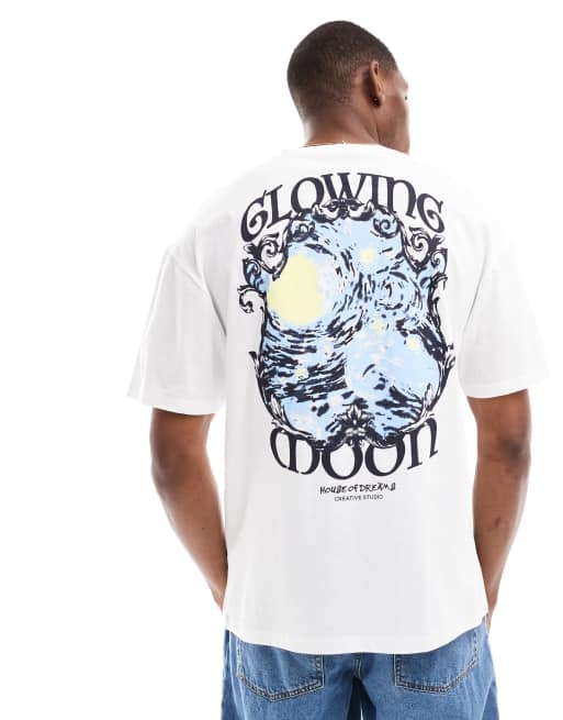 Jack & Jones – Oversize-T-Shirt in Weiß mit Mondlicht-Print am Rücken