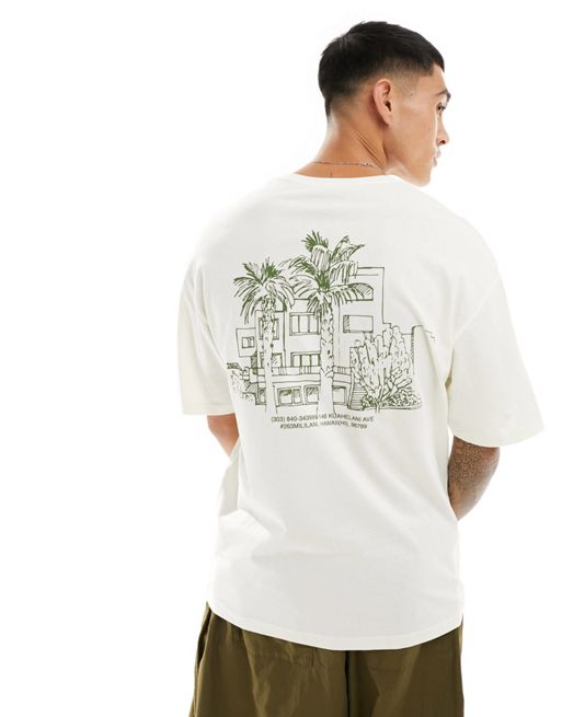 Jack & Jones – Oversize-T-Shirt in Weiß mit Palmen-„Resort“-Print auf dem Rücken