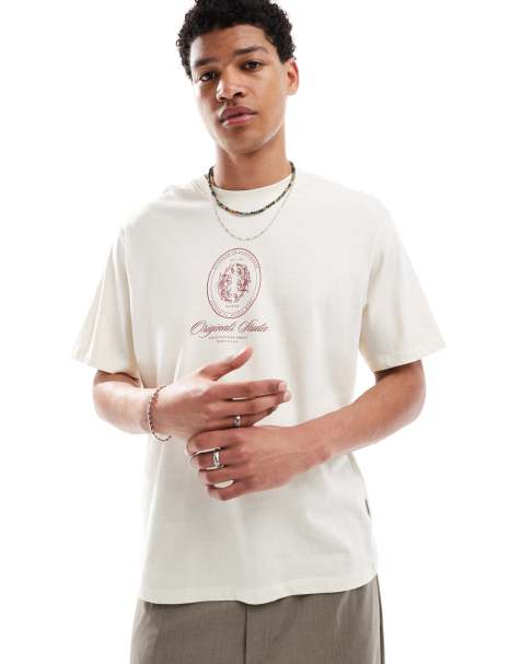 Jack & Jones oversize t-shirt with front print in off white - view 1