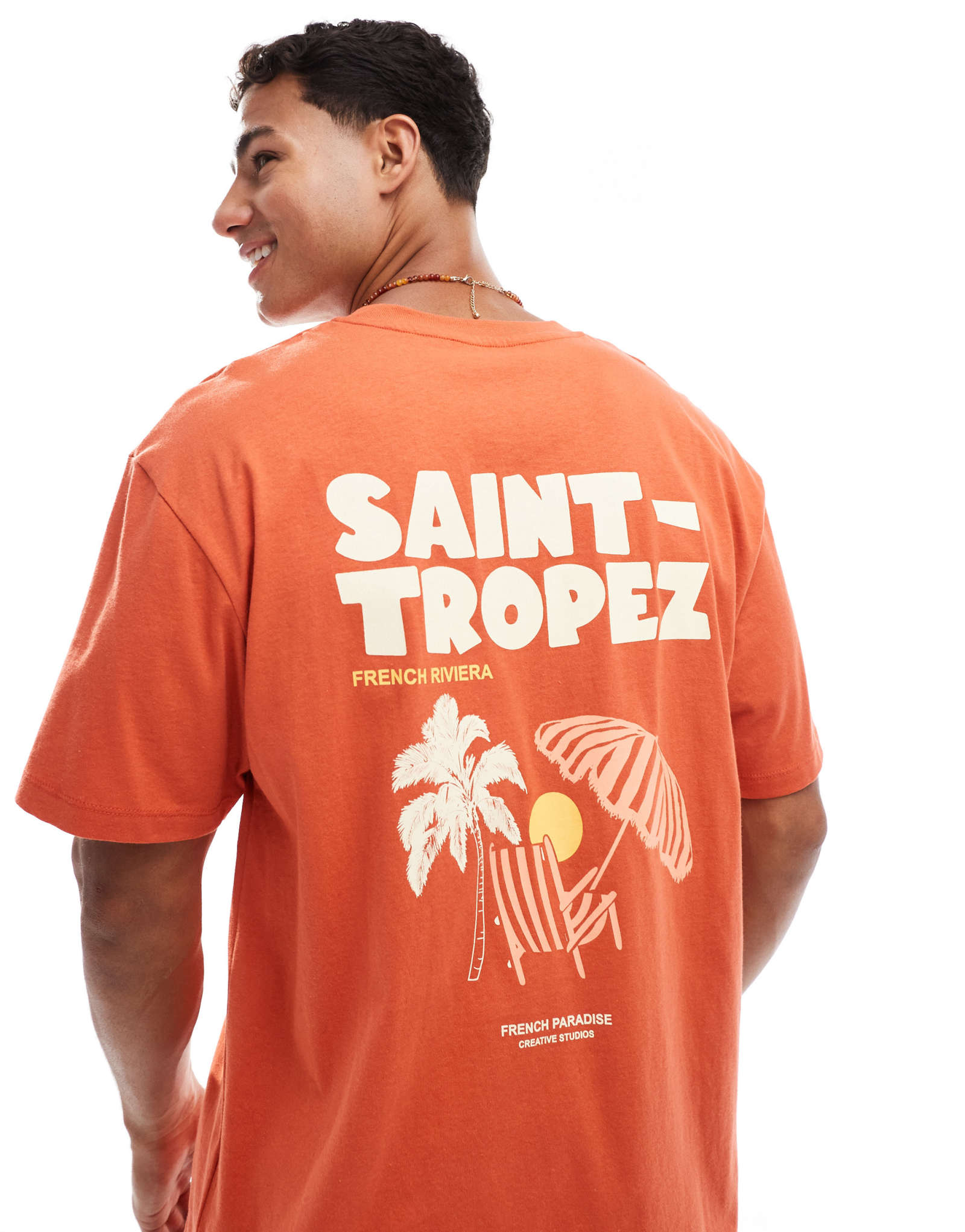 Футболка Jack &Jones oversize с принтом saint tropez на спине красного цвета