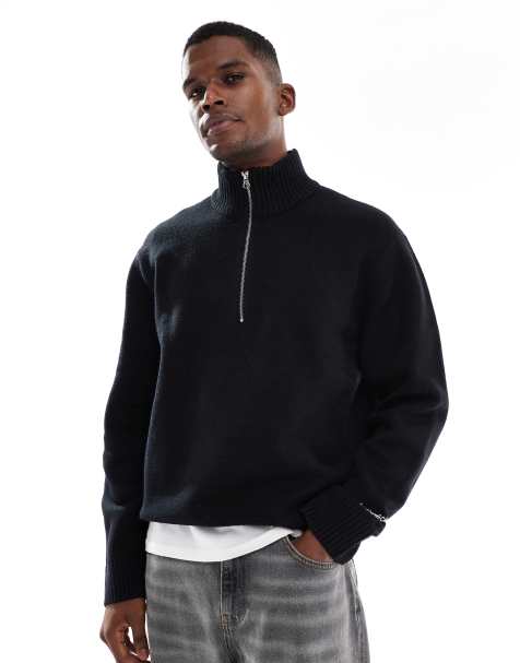 Jack & Jones oversize thick 1/4 zip jumper in black - view 1
