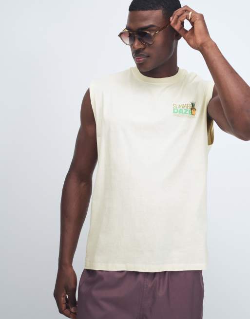 Jack & Jones oversize vest with summer daze back print in beige, 3 of 9