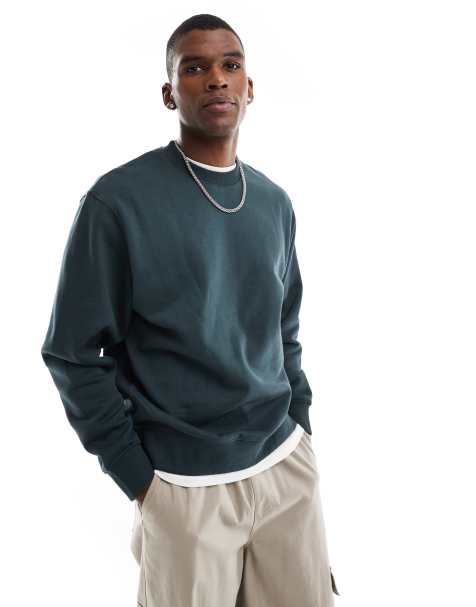 Jack & Jones oversized 400gsm heavyweight crew neck sweat in dark green - view 1