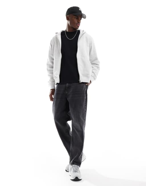 Jack & Jones oversized 400gsm heavyweight zip hoodie in light grey, 2 of 4