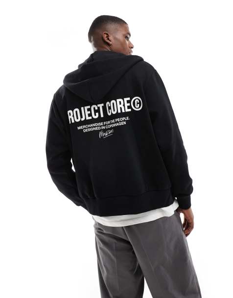 Jack & Jones oversized back print double zip through hoodie in black - view 1