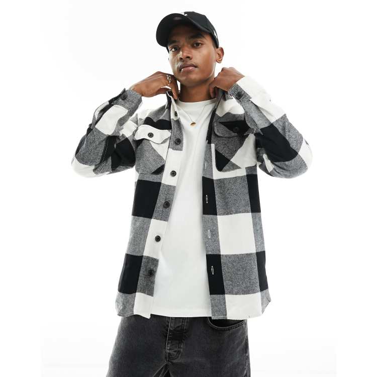 Jack Jones oversized buffalo check overshirt in white black ASOS