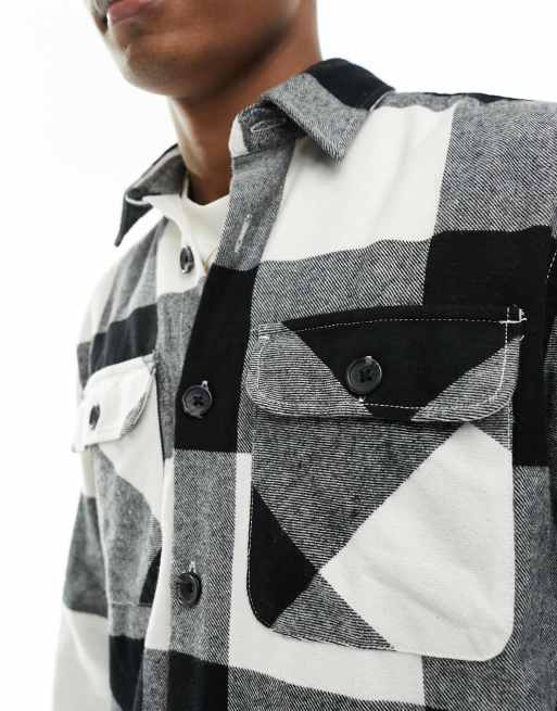 Jack & Jones oversized buffalo check overshirt in white & black | ASOS