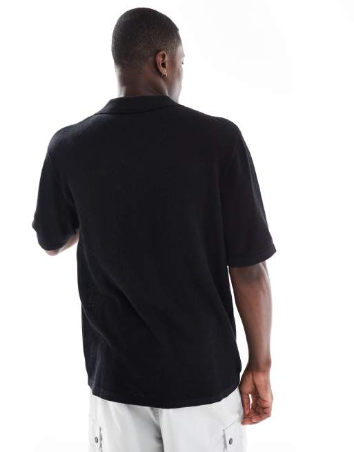 Jack & Jones oversized button up knit polo in black , 2 of 4