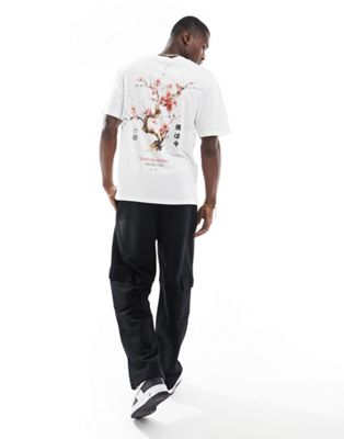 Jack & Jones oversized cherry blossom back print t-shirt in white