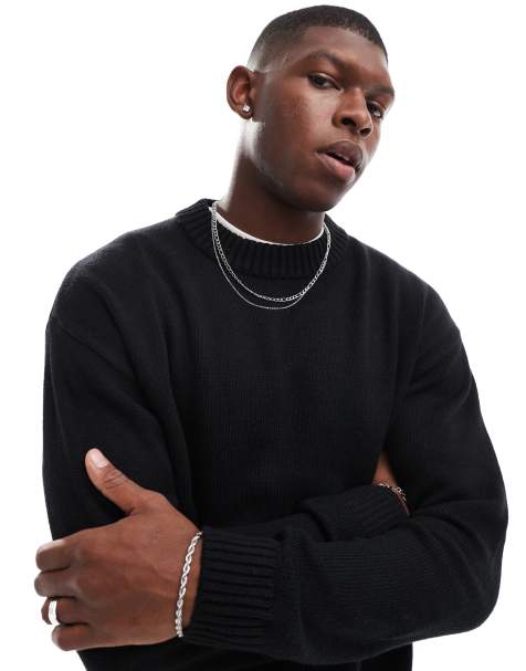 Jack & Jones oversized chunky rib crew neck jumper in black - view 1