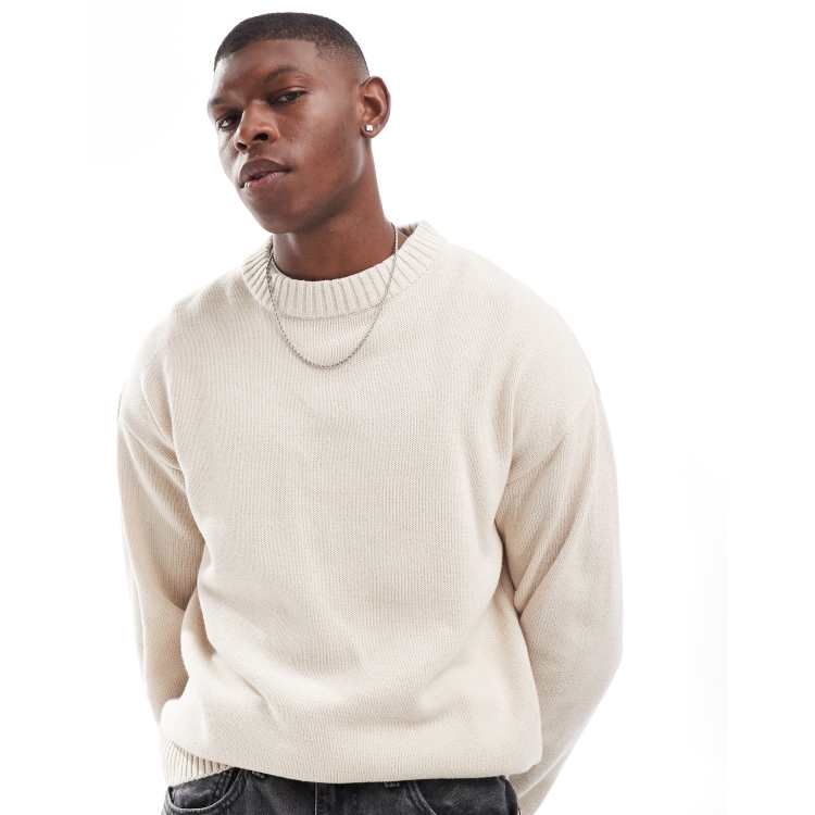 Jack Jones oversized chunky rib crew neck jumper in cream ASOS