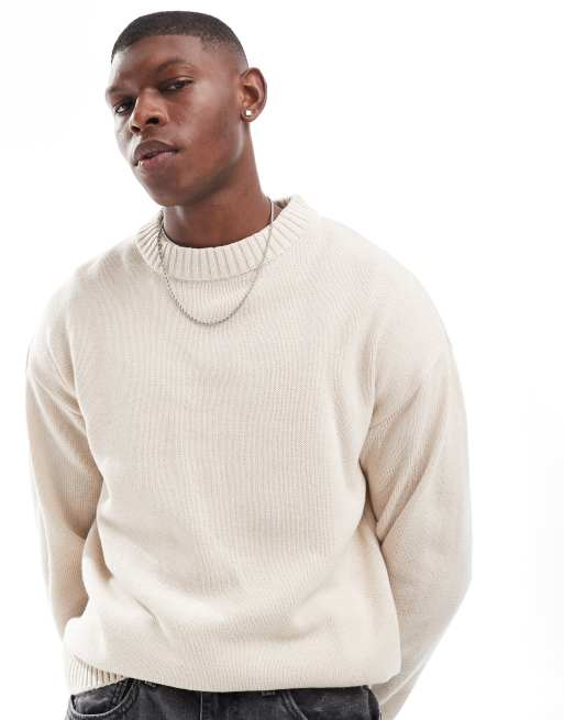 Jack Jones oversized chunky rib crew neck jumper in cream ASOS