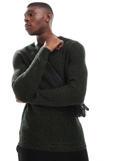 Jack & Jones oversized chunky sweater in dark green mixed yarn 