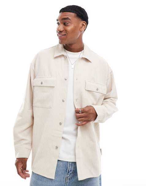 Jack & Jones oversized cord overshirt in beige - view 1