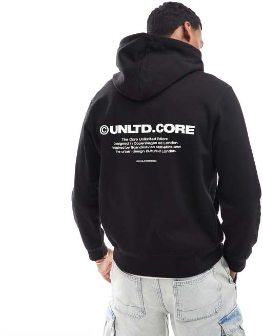 Jack Jones oversized core back print hoodie in black