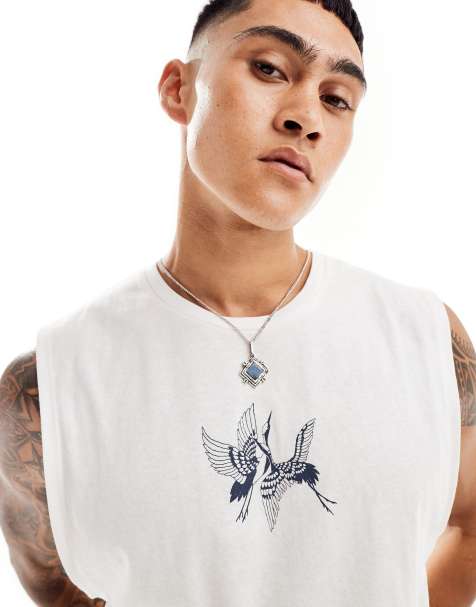Jack & Jones oversized crane front print vest in white - view 1