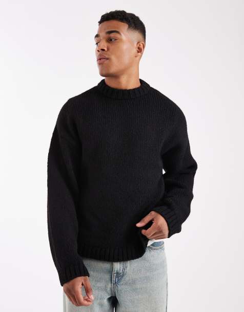 Jack & Jones oversized crew neck fluffy yarn jumper in black - view 1
