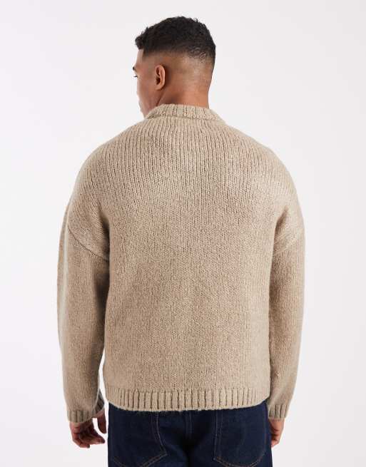 Jack & Jones oversized crew neck fluffy yarn sweater in beige | ASOS