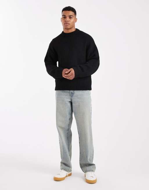 Jack & Jones oversized crew neck fluffy yarn sweater in black