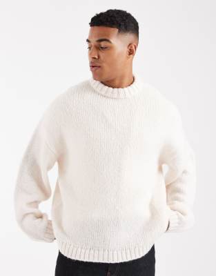Jack & Jones Oversized Crew Neck Fluffy Yarn Sweater In White