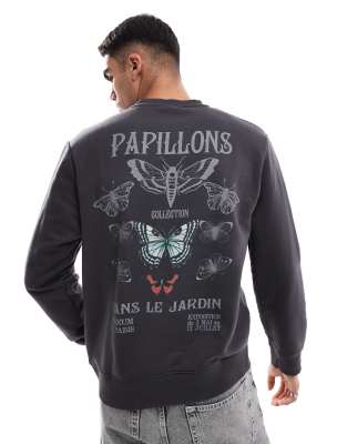Jack & Jones Oversized Crew Neck Sweat With Papillon Back Print In Dark Gray