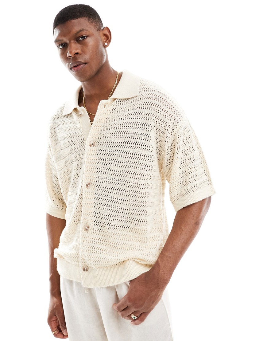 Jack & Jones oversized crochet button through shirt-Neutral