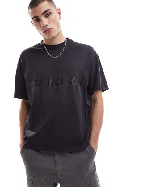 Jack & Jones oversized cropped t-shirt with project core print in washed black - view 1