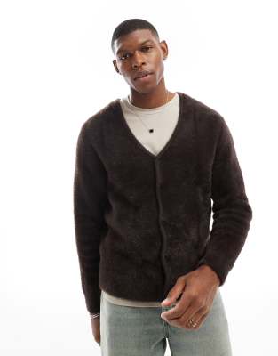 JACK & JONES OVERSIZED FLUFFY CARDIGAN IN BROWN