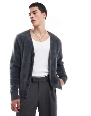 JACK & JONES OVERSIZED FLUFFY CARDIGAN IN DARK GRAY