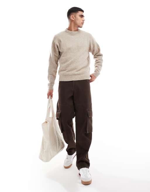 Jack & Jones oversized fluffy crew neck jumper in beige 
