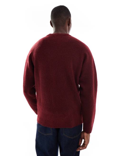 Jack & Jones oversized fluffy crew neck jumper in burgundy
