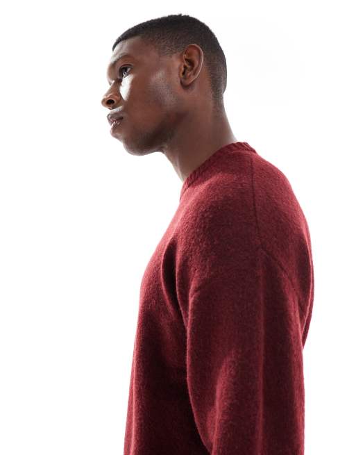 Jack & Jones oversized fluffy crew neck jumper in burgundy